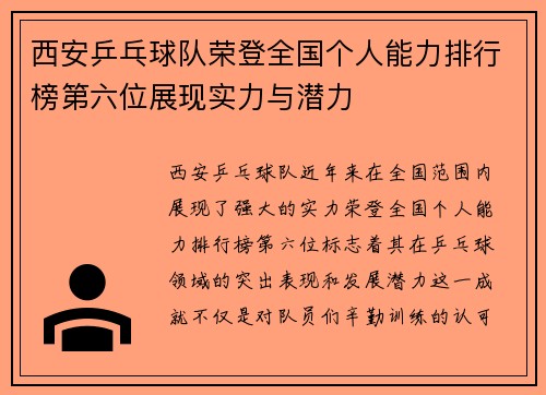 西安乒乓球队荣登全国个人能力排行榜第六位展现实力与潜力
