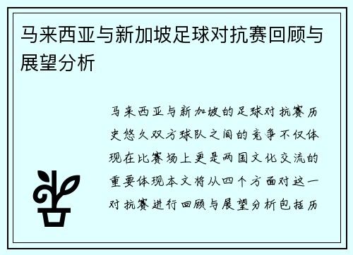 马来西亚与新加坡足球对抗赛回顾与展望分析