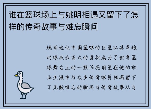 谁在篮球场上与姚明相遇又留下了怎样的传奇故事与难忘瞬间